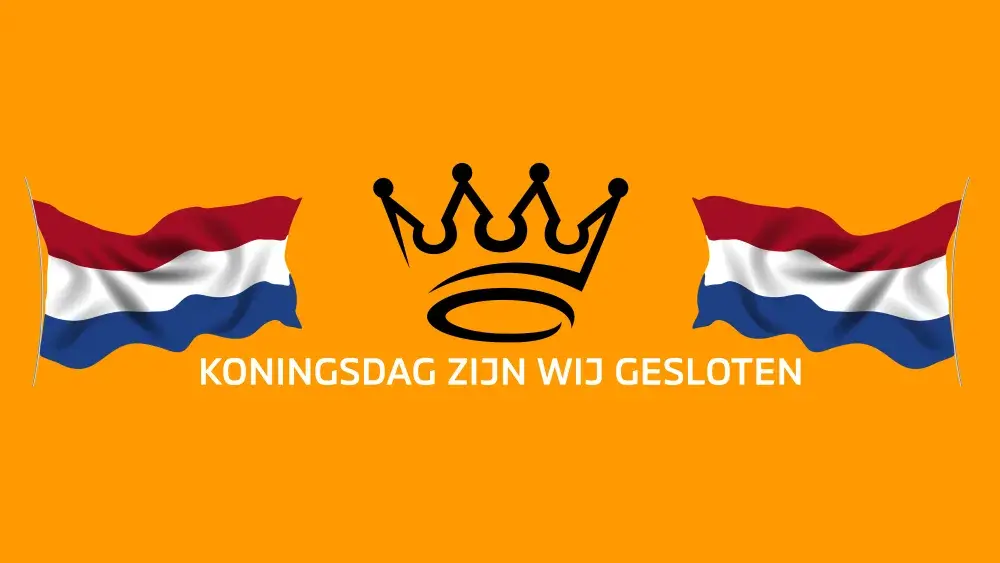 Oranje achtergrond met NL vlaggen en kroon tekst koningsdag gesloten
