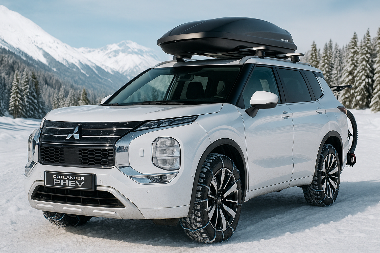 Mitsubishi Outlander PHEV MY 2025 in winter landschap voorzien van winterbanden, sneeuwkettingen, dak-koffer en fietsendrager