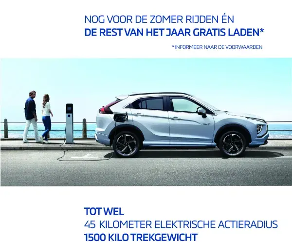 Mitsubishi Eclipse Cross PHEV White Diamond aan laadpaal op boulevard met tekst laadpaalactie