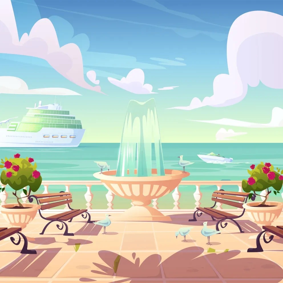 Zomerkade aan de kust met cruiseschip in de oceaan