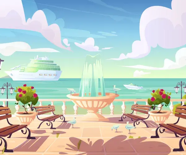 Zomerkade aan de kust met cruiseschip in de oceaan