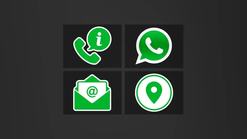 zwarte achtergrond 4 vakken met iconen voor telefoon, whatsapp, email en adresgegevens