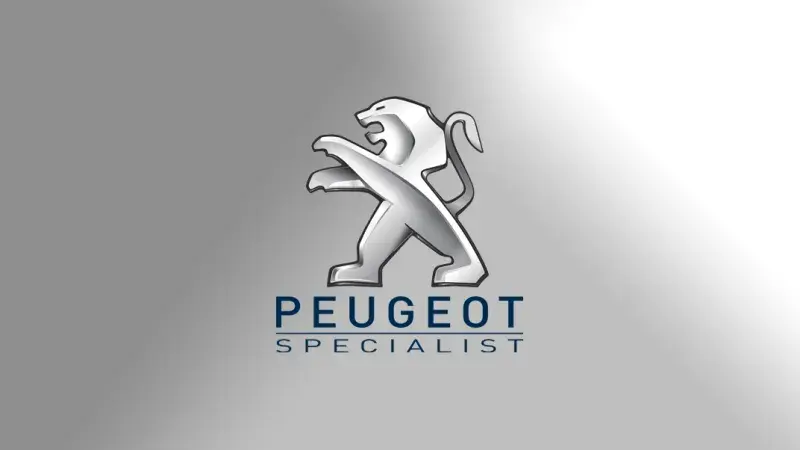 licht grijze achtergrond met logo Peugeot specialist als button op homepage