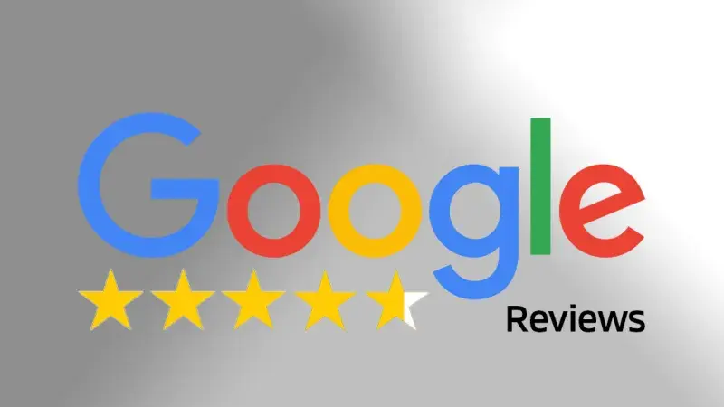 licht grijze achtergrond met gekleurd Google logo met 4,6 sterren en link naar Google review
